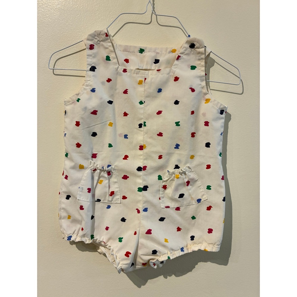 Vintage Kids Abstract Primary Color Polka Dot Romper White Sleeveless Sunsuit 3T